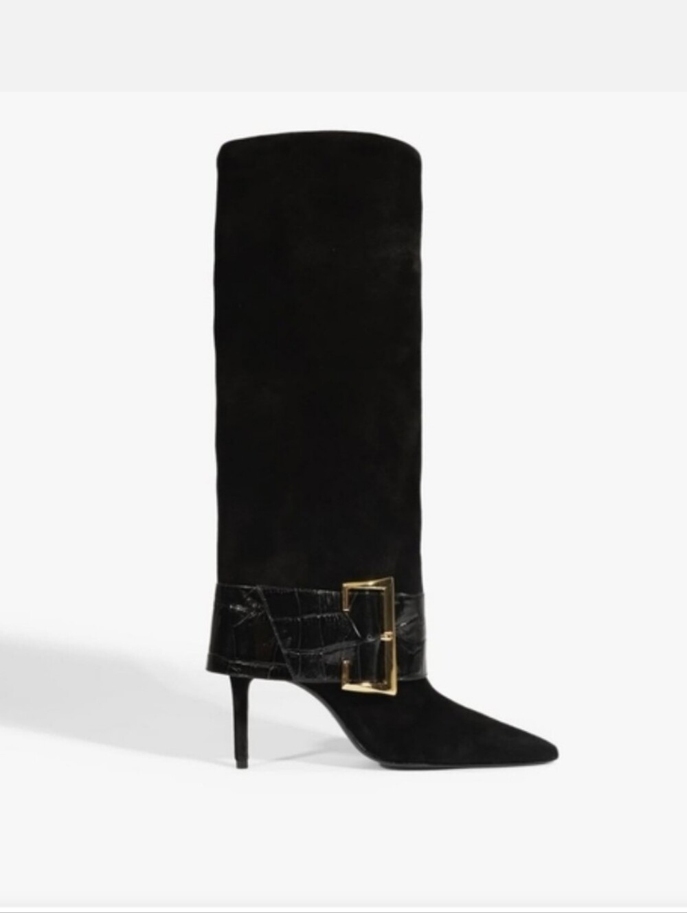 SCHUTZ Black Suede Knee-High Pointed-Toe Boot with Gold Buckle